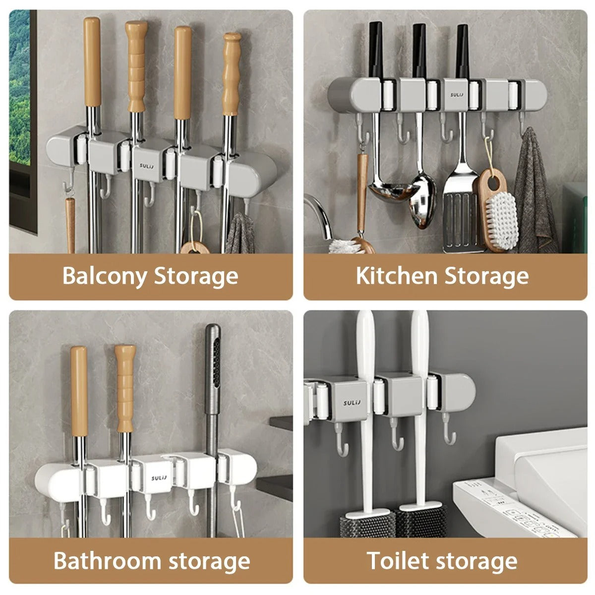 Wall Broom Holder with Hooks